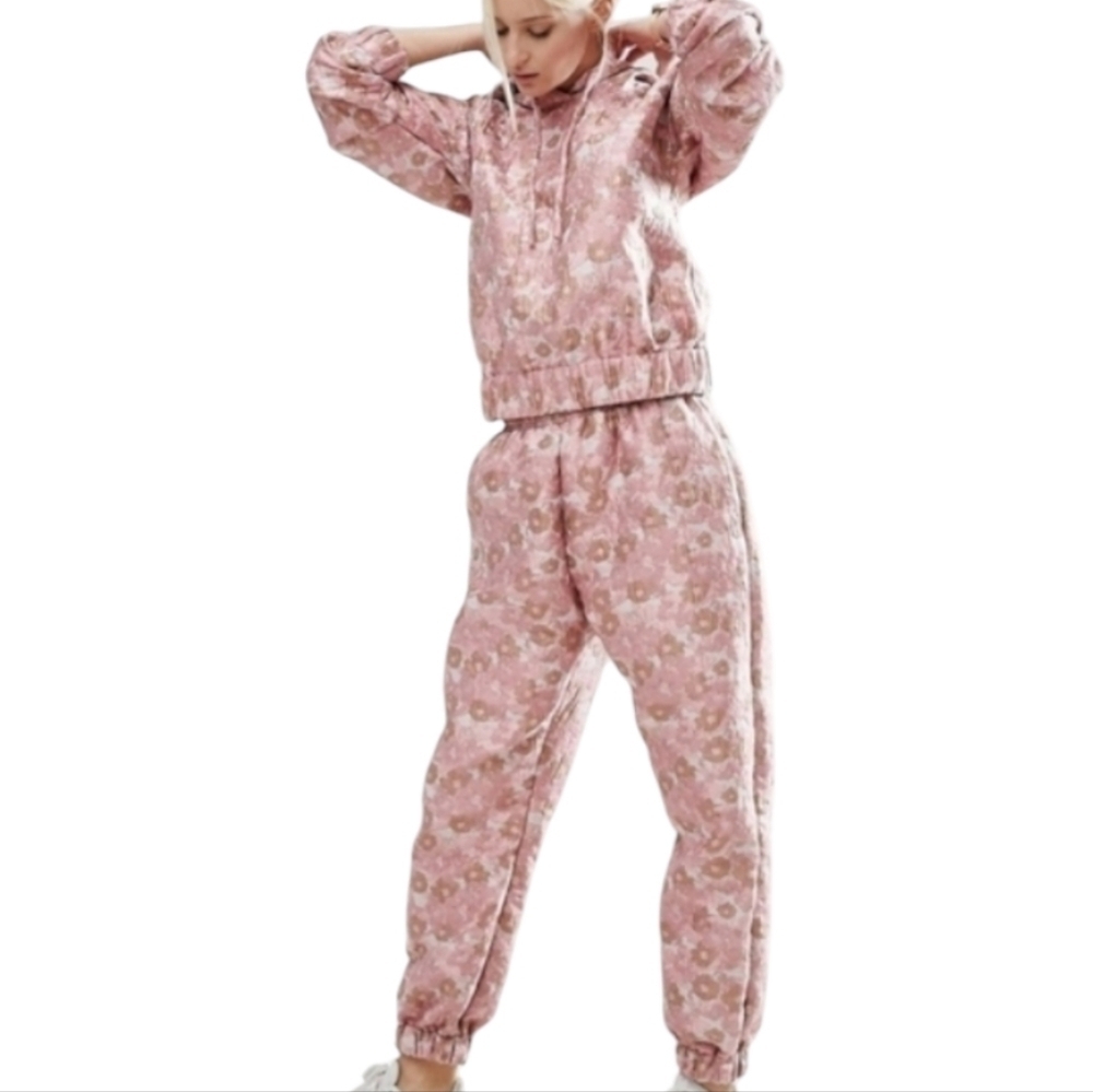 NWT Asos Jacquard Jogger Track Set 0 Hoodie Jogger Pants Pink Floral Metallic